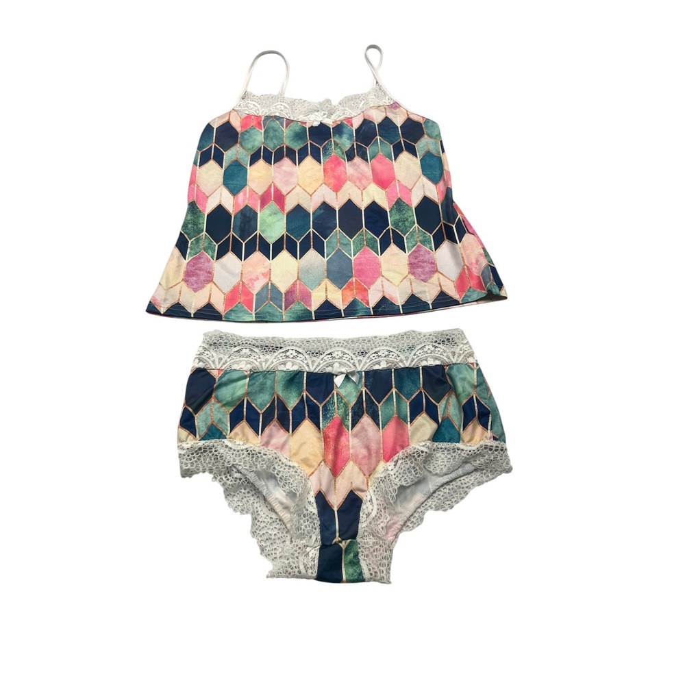 Geometric Diamond Print Pajama Set Lace Camisole and Shorts‎ 2Piece Sleepwear